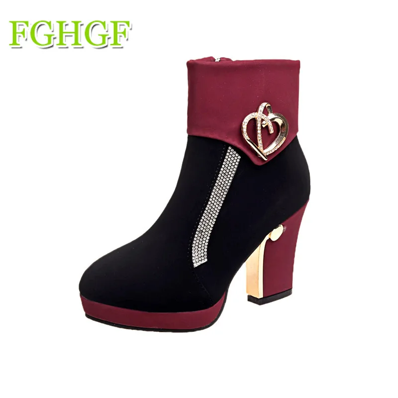 

2018 Fashion Rhinestone Ankle Boots Women Fall Winter Thick Heel Shoes Pumps Comfort Zip Up Party Lady Shoes Sizes 35-39