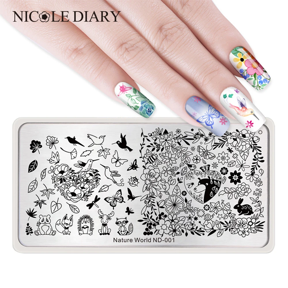 

NICOLE DIARY 1Pc Rectangle Stamping Template Nature World Series Animal Floral Bird Bee Dolphin Nail Art Stamping Image Plate