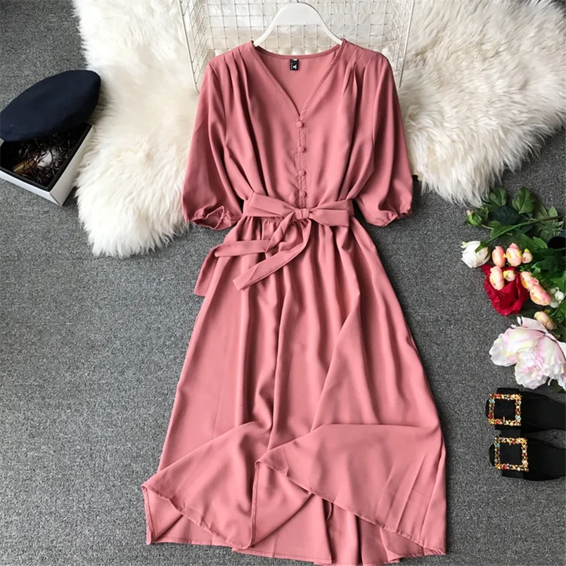 2020 Spring V Neck Summer Bandage Midi Long Dress Vestido De Festa Party tunic dress Women Casual Elegant High Waist Vestidos
