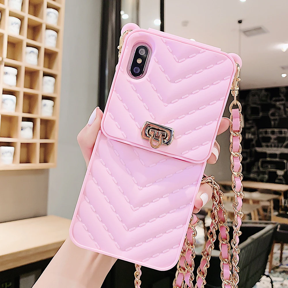 Чехол для iPhone X XR XS Max, кошелек для кредитных карт, чехол для телефона, мягкий силиконовый ремешок через плечо, чехол с длинной цепочкой для iPhone 6S 6 8 7 Plus - Цвет: Розовый