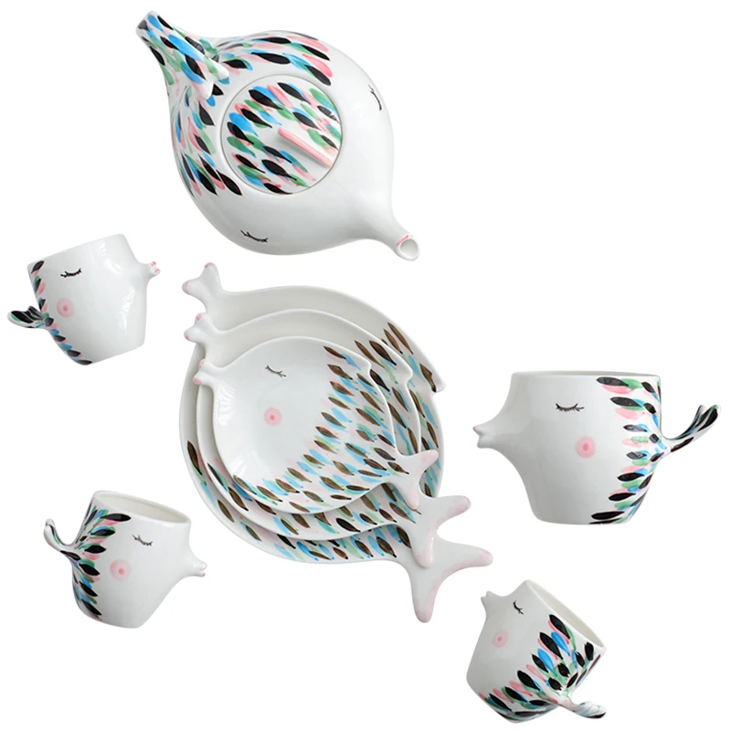 

Kissing Fish Ceramic Tea Set Afternoon Tea Party Coffee Pot Cup with Snack Plate Creative Cartoon Kettle Cup
