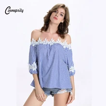 Cinmeprity Feminina Loose Blouse Sexy Lace Stitching Striped Shirt Ladies Off Shoulder Blusas Elegant body Women Tops 2017 Autum