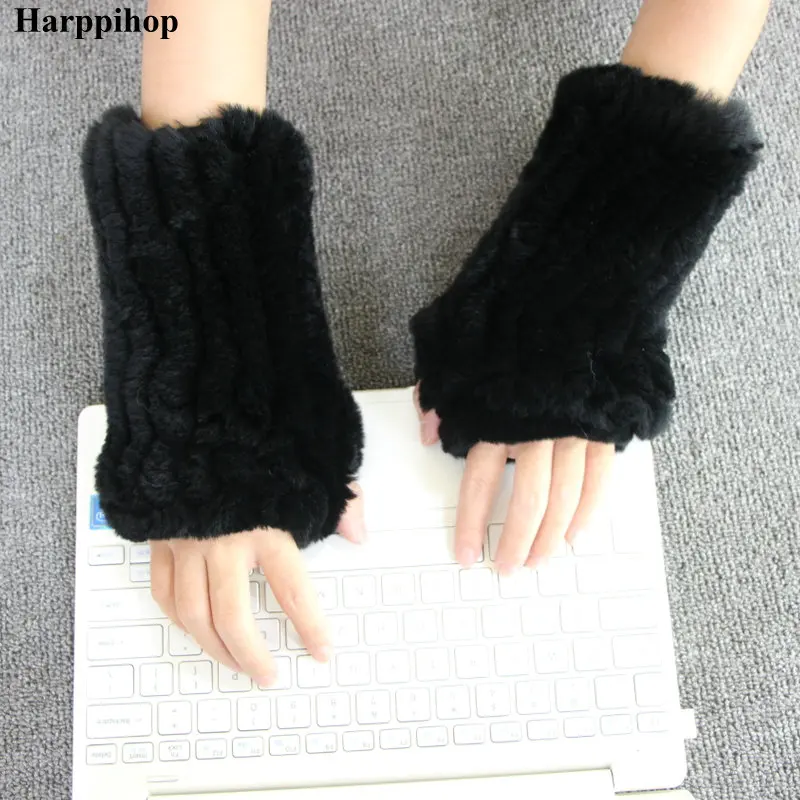 Harppihop* Для женщин натуральная Трикотажные Кролика Рекс зимние перчатки, варежки без пальцев рукава для защиты рук - Цвет: black