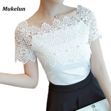 Wanita Lace Patchwork Blouse Kemeja Kasual Off Bahu Top Sexy Lengan Pendek Blus Putih Blus Wanita Musim Panas Berongga Elegan