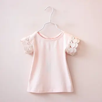 

Summer Children Girls Cotton Solid Print T-shirt Tops Blouse Short Sleeve Casual Lace Design Tee Shirts 0-7 Years