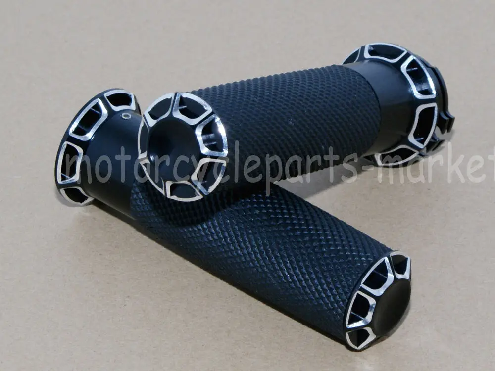 Universal Cut Handlebar Grips Black CNC 1" 25mm Hand Grip For Harley