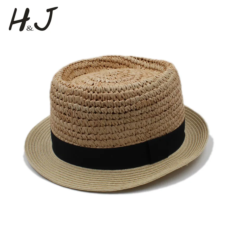 

Summer Women Men Raffia Handwork Beach Sun Hat For Elegant Lady Flat Top Fedora Cap Gentleman Boater Dad Prok Pie Panama Hat