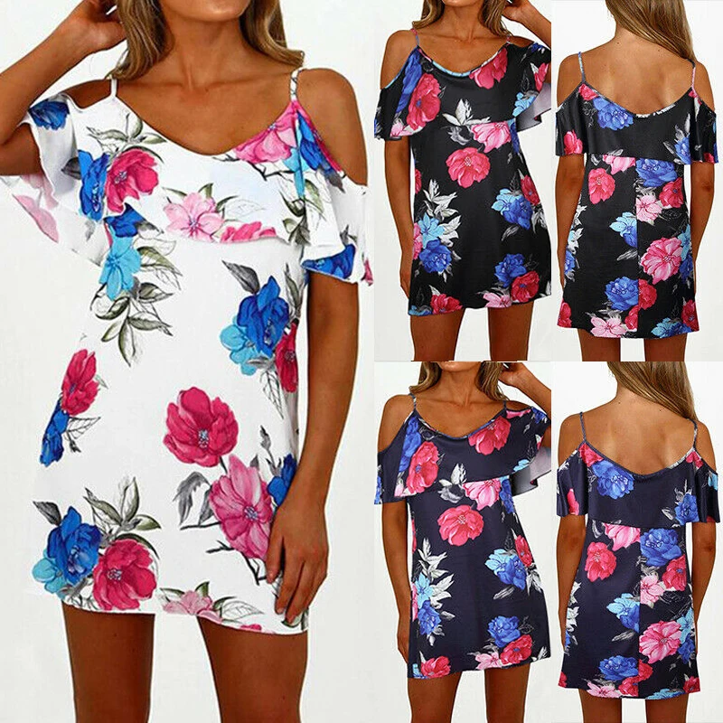 2019 Women's Dress Cold Shoulder Short Sleeve Summer Dress Woman Casual Loose Beach Boho Sundress Ladies Floral Printed Dresses