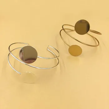 

Open Cuff Bangle Bases Blank with Double 18mm Flat Circle Glue Pad Cabochons Wire Bracelet Bangle Settings Findings DIY Making