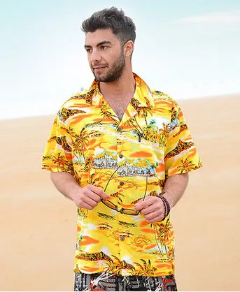 Гавайская Мужская рубашка с принтом кокосовой пальмы, Пляжная хлопковая желтая футболка с морским принтом, летняя стильная рубашка для отдыха - Цвет: Style 1