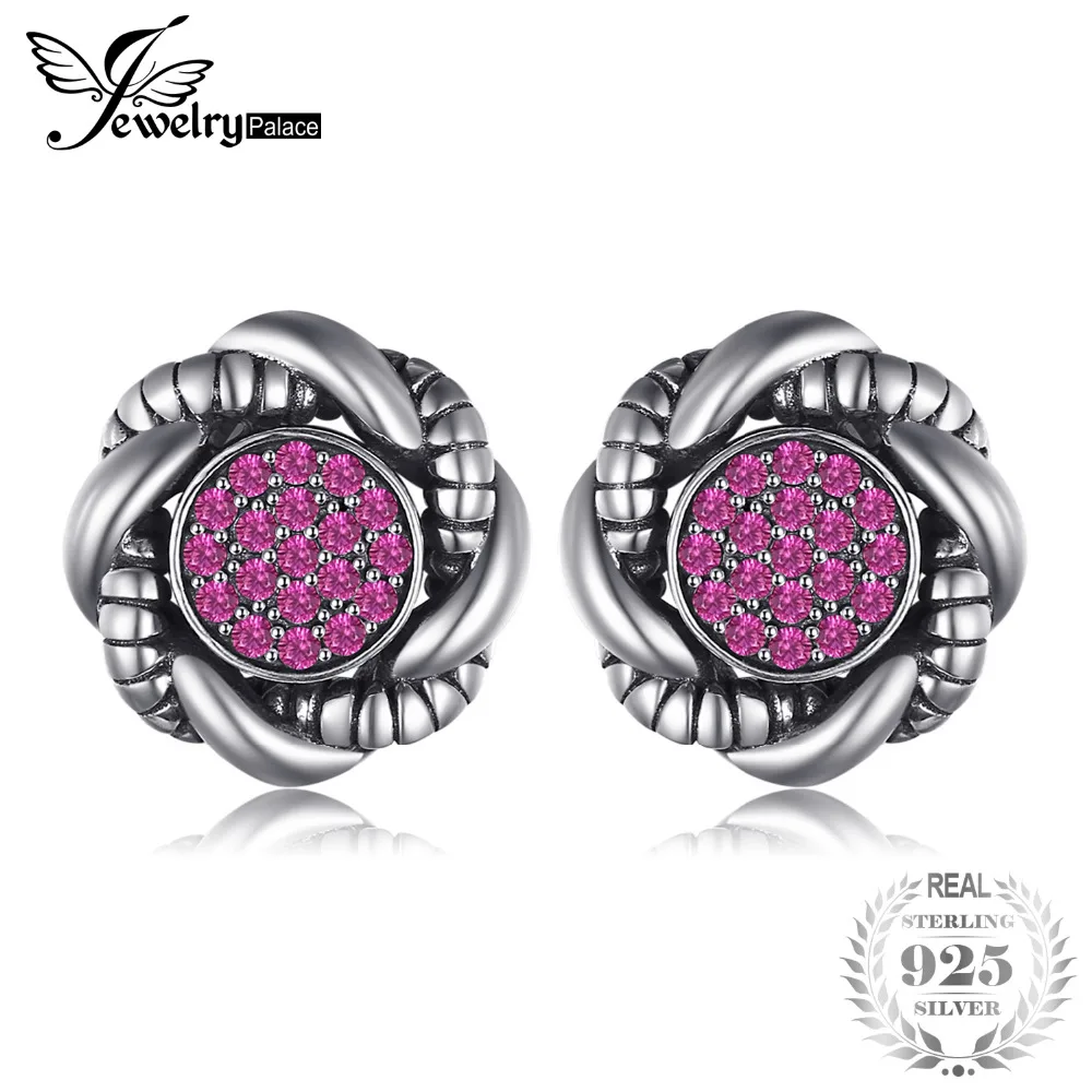 

JewelryPalace Vintage Round Created Red Ruby Pave Stud Earrings 925 Sterling Silver Wedding Fine Jewelry New Arrival