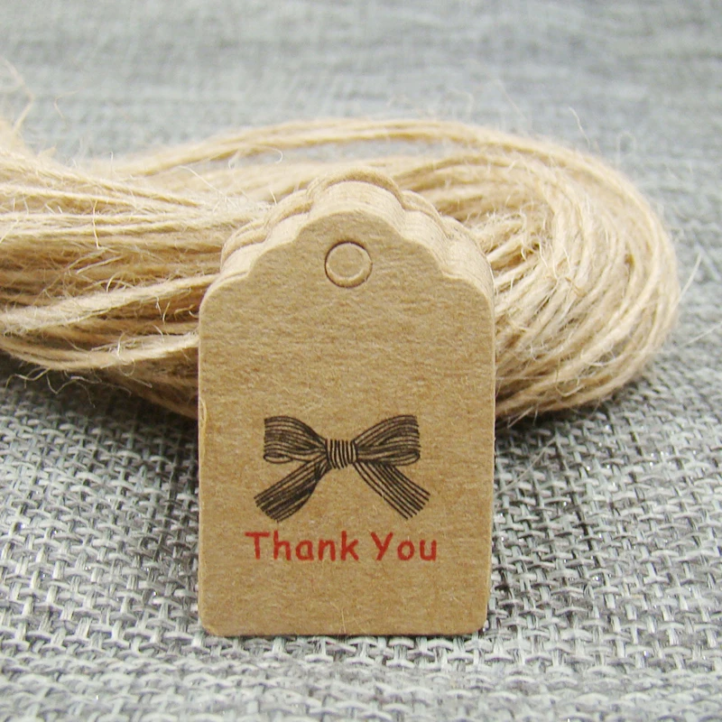 

3*2cm scallop thank your gift swing tag kraft color 100pcs+100pcs hemp string for gift /candy favor packing deoration