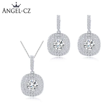 

ANGELCZ Elegant CZ Jewellery Gifts Sparkling Cubic Zirconia Square Pendant Necklace Earring For Women Prom Jewelry Set AJ015
