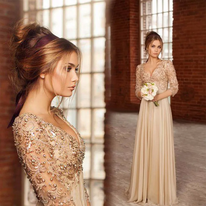 Three Quarter Sleeve Champagne Prom dresses 2016 with Beads pearls Lace