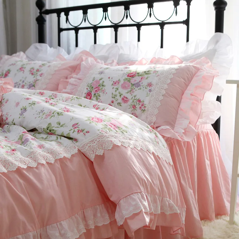 

Romantic Embroidery bedding set rose print bedding ruffle lace bed set princess king bedding set cotton duvet cover set queen