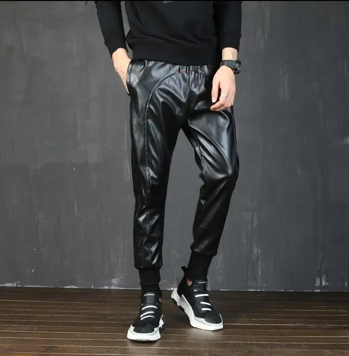 

personality fashion men leather pants motorcycle harem pant men feet trousers pantalones hombre cargo pantalon homme patchwork