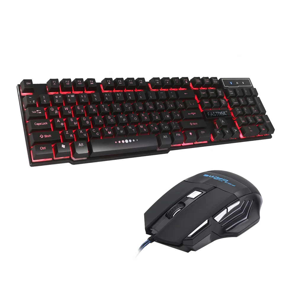 

FASTDISK Russian English 3 Color Backlight Gaming Keyboard Teclado Gamer Floating LED Backlit USB Similar With 7 Button Mouse