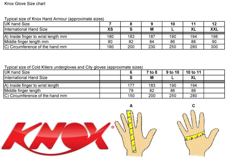 Knox   Glove size chart 