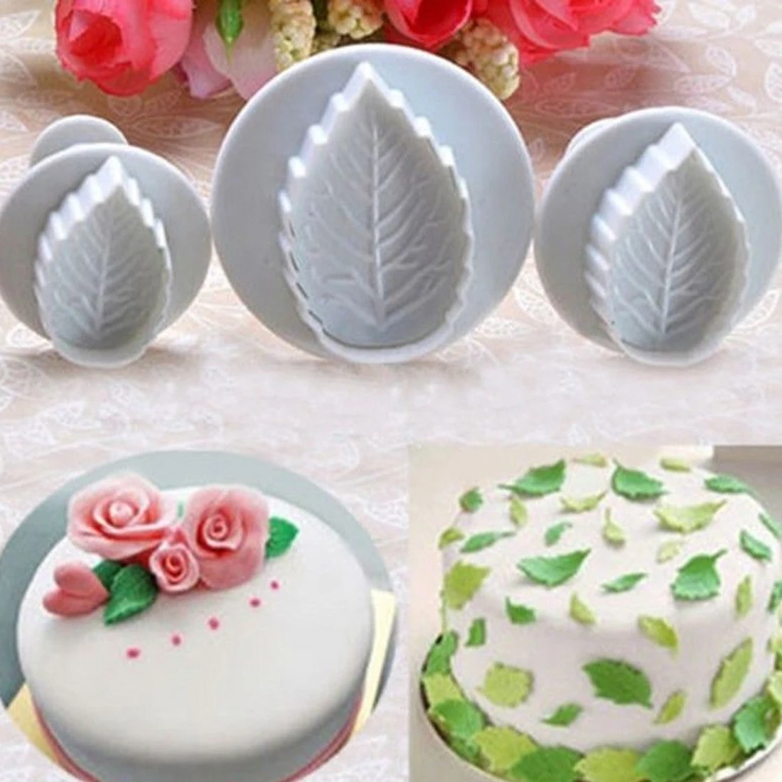 

3 Pcs Cake Rose Leaf Plunger Fondant Decorating Sugar Craft Mold Cutter Tools