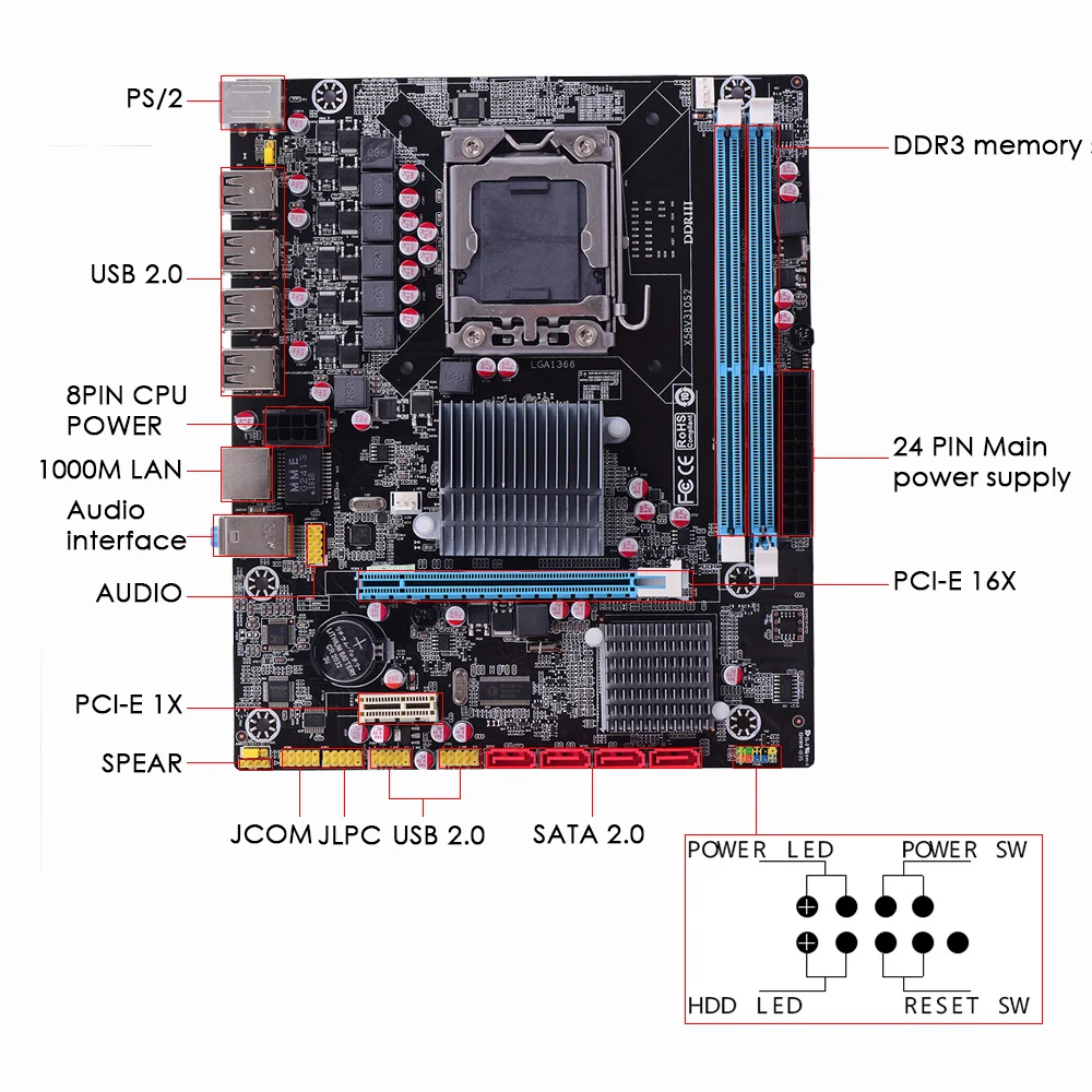 Материнская плата Runing X58V310S2, материнская плата MATX, материнская плата 1366, процессор, 2 Разъема DIMM, плата памяти DDR3, объем памяти до 32 Гб