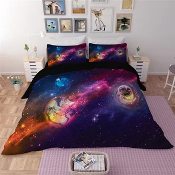 

3D Galaxy bedding sets Queen Size Universe Outer Space 3/4pcs black purple Planet Nebula Bed Sheets pillowcase Duvet Cover Sets