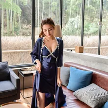 Сексуальное женское шелковое ночное белье, комплект, однотонное белье, Атласный халат и мини-Ночное платье, полурукав, комплект для отдыха из 2 предметов