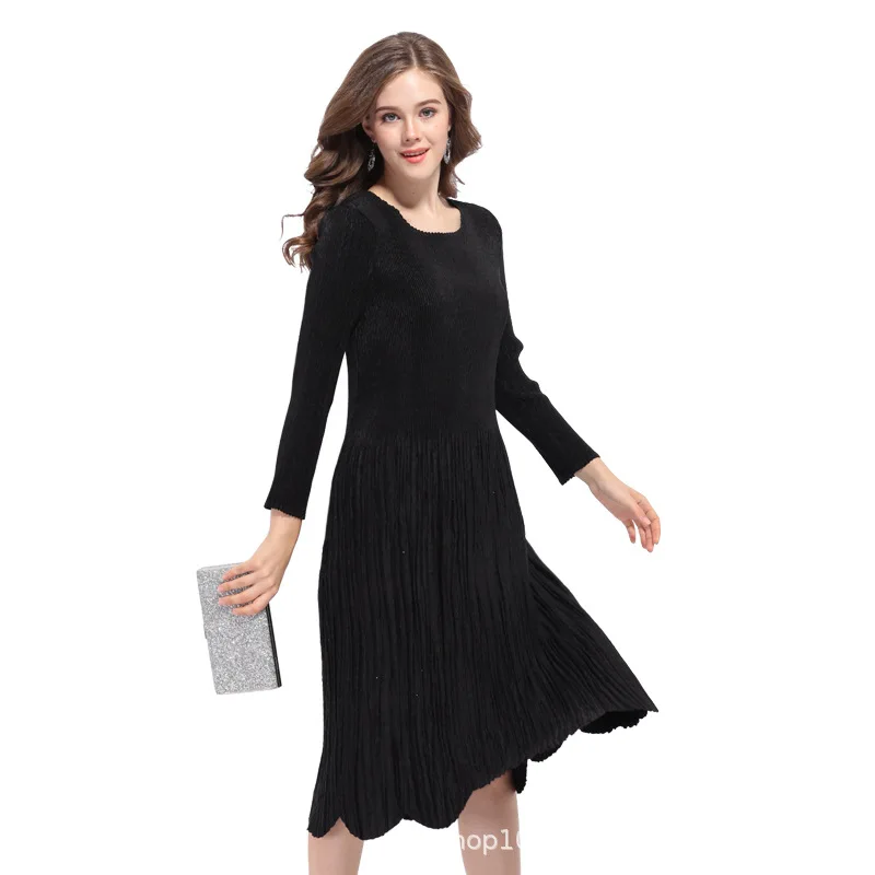 

2019 Korean Version New Women's Round Neck High Waist Nine-point Sleeves Long Black Dress Dresses Woman Party Night Plus Size
