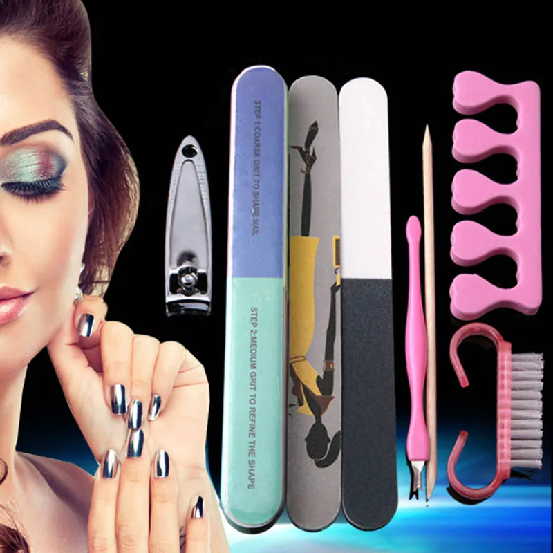 8Pcs Pro Manicure Kit Long Nail Files Brush Nails Art Beauty Tools Set KG66