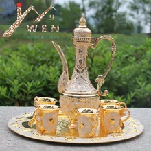 Freies verschiffen gold farbe metall wein/tee-set, fashion zink-legierung wein set, 1 satz = 1 + 1 topf + 6 tassen