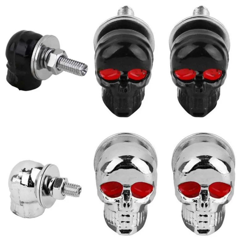 2pcs-Motorcycle-Car-Truck-Auto-Chrome-Skull-License-Plate-Frame-Bolts-Screws-Caps-Fastener-Nuts-Bolts