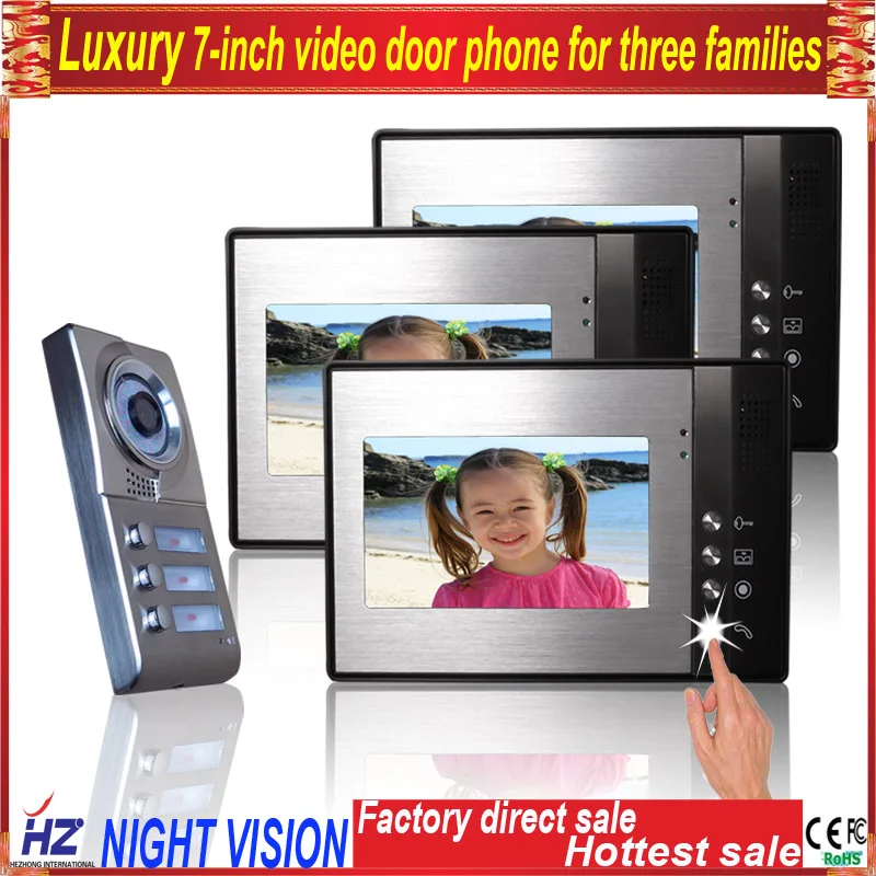 

Saful 7"TFT-LCD video door intercom system for 3 apartments free disturb with night vision monitor doorbell
