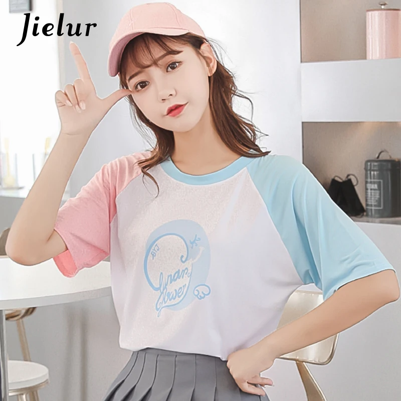 Jielur dulce niñas de estilo coreano mujeres T camisa Patchwork Color verano Mujer suelta S-XL blanco Camisetas femenina Dropship Jielur dulce niñas de estilo coreano mujeres T camisa Patchwork Color verano Mujer suelta S-XL blanco Camisetas femenina Dropship