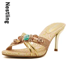 New 2016 Summer Fashion High Quality Women Sandals Sexy Open Toe Rhinestone Bling High Heels Party Shoes Woman Slides D50