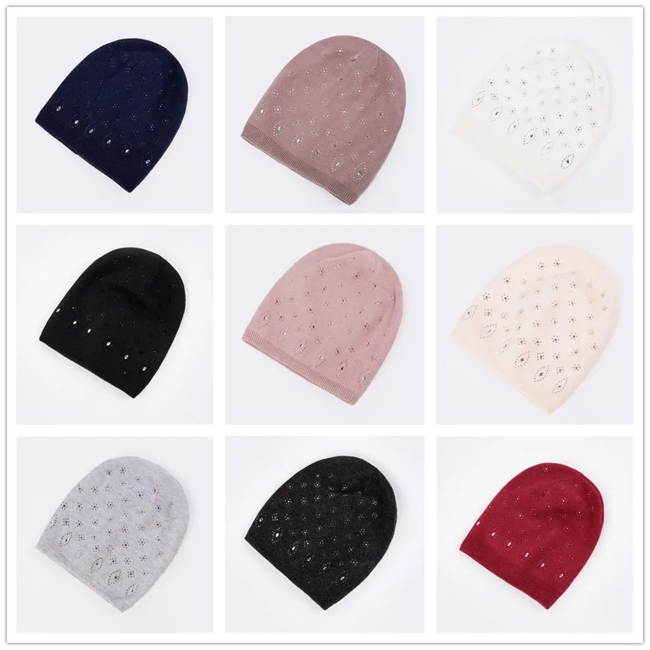 COKK шерстяные зимние шапки бини для женщин Skullies Beanies Hat для женщин Стразы цветок вязаная шапка для девочек чулок шапка женский чепчик