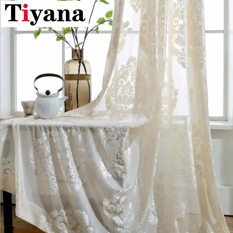 Tiyana European Flocking Fabric Cream Lace Sheer Tulle Panels Flocking Fabric Cream Lace Sheer Tulle