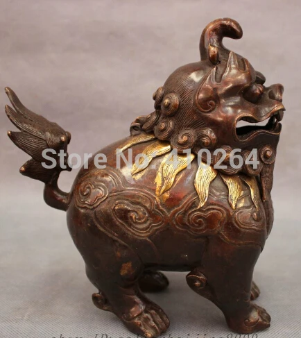 

8" Folk Chinese Bronze Gilt Lion PiXiu Unicorn Head Statue Incense Burner Censer