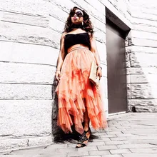 Африканская Горячая Оранжевая женская блуза с послойным расположением ткани, оборочками и v-образным вырезом Длинная Тюлевая юбка s для женщин Мягкая юбка из фатина Асимметричная женская для взрослых Saias эластичная