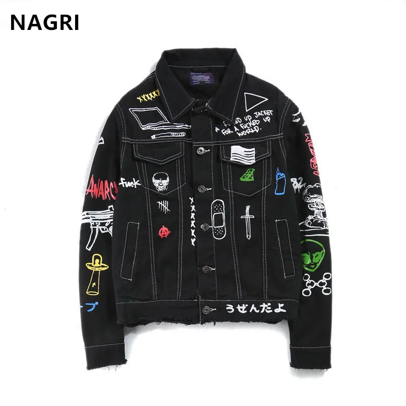 Beste Denim Jas Mannen Vrouwen Hiphop Streetwear Punk Rave Steampunk Motorfiets Cowboy Graffiti Ripped Jas Uitloper Merk Jeans Jas
