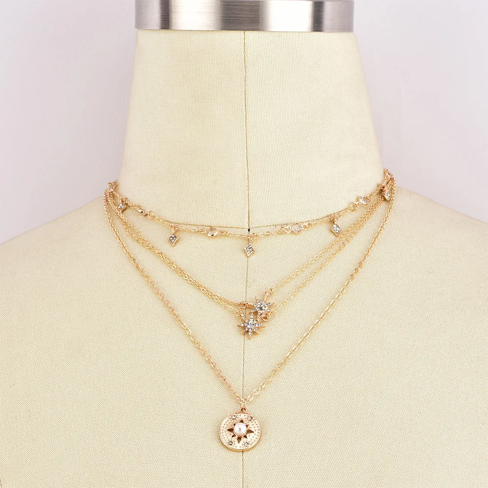 Женское Ожерелье, винтажная подвеска с кристаллами Astrolabe, многослойная Геометрическая цепочка для ключицы, Золотой набор длинных ожерелий, для девушек, для пляжа, вечерние
