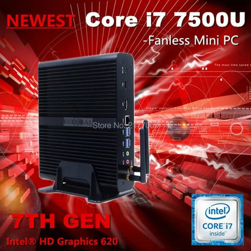 Мини ПК [7 й Eglobal Core i7 7500U] без вентилятора Kaby Lake Windows 10 Max 3 5 ГГц Intel HD Graphics 620 мини 4K HTPC