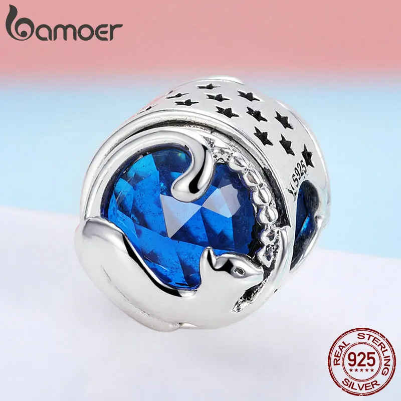 BAMOER 100% 925 Sterling Silver Playing Kitten Cat Blue CZ Charm Beads fit Charm Bracelet & Bangles DIY Jewelry Making SCC708