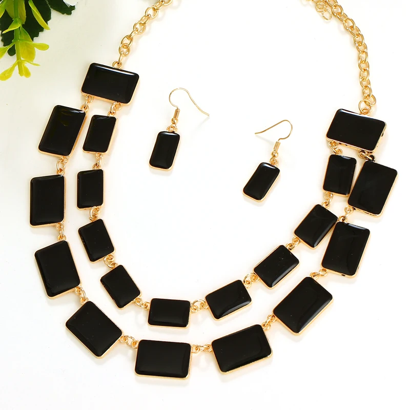 

black enamel wedding jewelry sets gold color statement jewelry sets geometric pattern necklace drop earrings set
