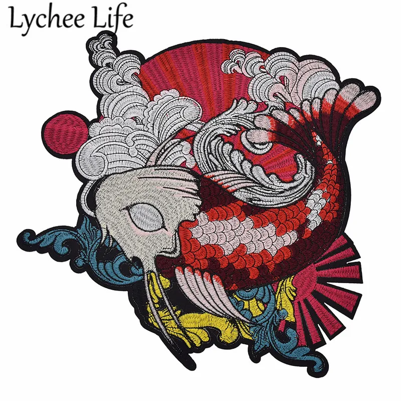 

Lychee Japanese Koi Fish Embroidered Patches Colorful Cloth Patches Supplies Handmade Sewing On Clothes Bags Accessories