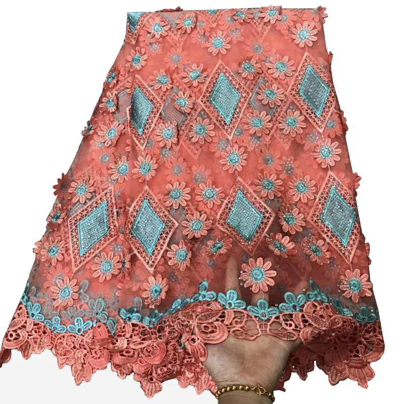 

Free shipping (5yards/pc) 2018 new African tulle lace appliqed French net lace fabric with lovely 3D flowers and stones FLV06