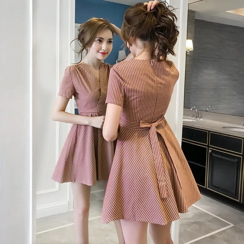 

Vintage striped women dress V neck cotton short summer party dress Sexy casual lady female vestido festa 2019