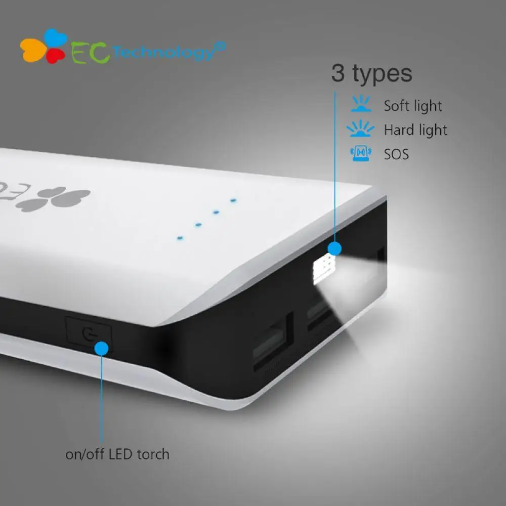 

18650 Power Bank EC Technology Powerbank 20000mah High Capacity Portable Charger Smart Phone Batterie Externe With LED Light