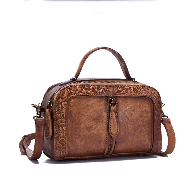 Высококачественные Женские сумки из натуральной воловьей кожи с верхней ручкой, тисненая Сумка-тоут, винтажная сумка через плечо, сумка-мессенджер