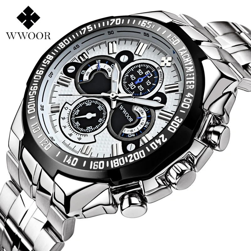 

Brand WWOOR Quartz Watch Men Waterproof Stainless Steel Man Watch Big Dial Men's Wrist Watches Military Male Wristwatch For Men