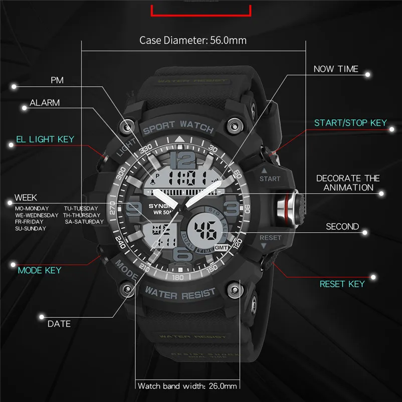 SYNOKE brand men Sports Watches Large Dial Digital Quartz LED Military Waterproof Men Wrist Watch Clock relojes hombre O29#N (5)