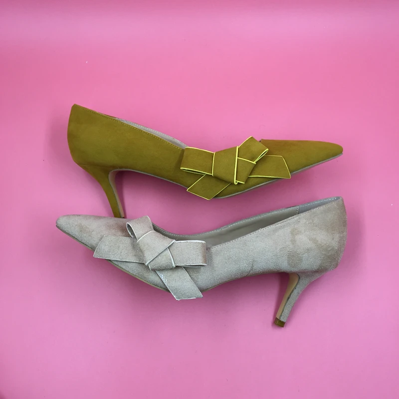 Slip Réel Dames Pointu Picture Printemps sur Cuir Ol Pompe Suédé Bowknot Femmes Talon Jaune Photo Côté Chaussures Bas Bout Pompes Style p1xvgwWwqU
